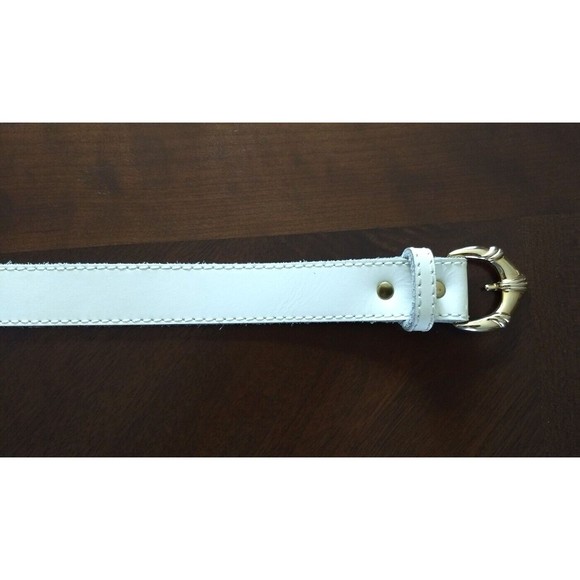 Vintage‎ NAN LEWIS White Leather Belt M/L Gold Tone Curved Buckle - Picture 2 of 11